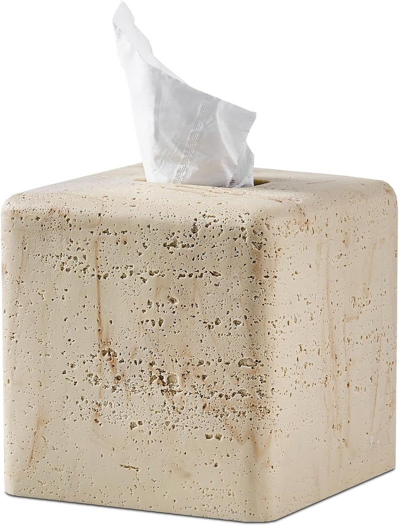 Polytree Natural Travertine Textures Tissue Box Cover Square for Home Decor,Resin Heavy Tissue Box Holder for Bathroom Countertop,Tabletop,Bedside Table,Office (Handmade of Resin) - Image 1